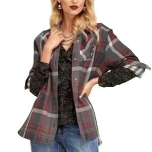 Cabi Tavern Shirt #4164 Flannel Cotton Size S Gray Red Plaid Cozy Fall Style
